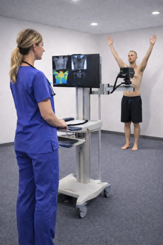 Medical thermography scan with patient standing and arms raised