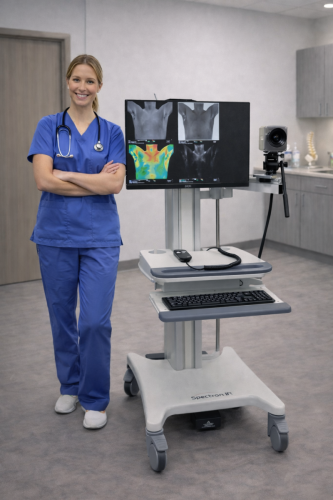 Clinician standing beside medical thermography imaging system